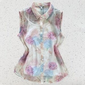 Guess Kids Girls Floral Hydrangea Sheer Sleeveless Blouse White Pink Size 16